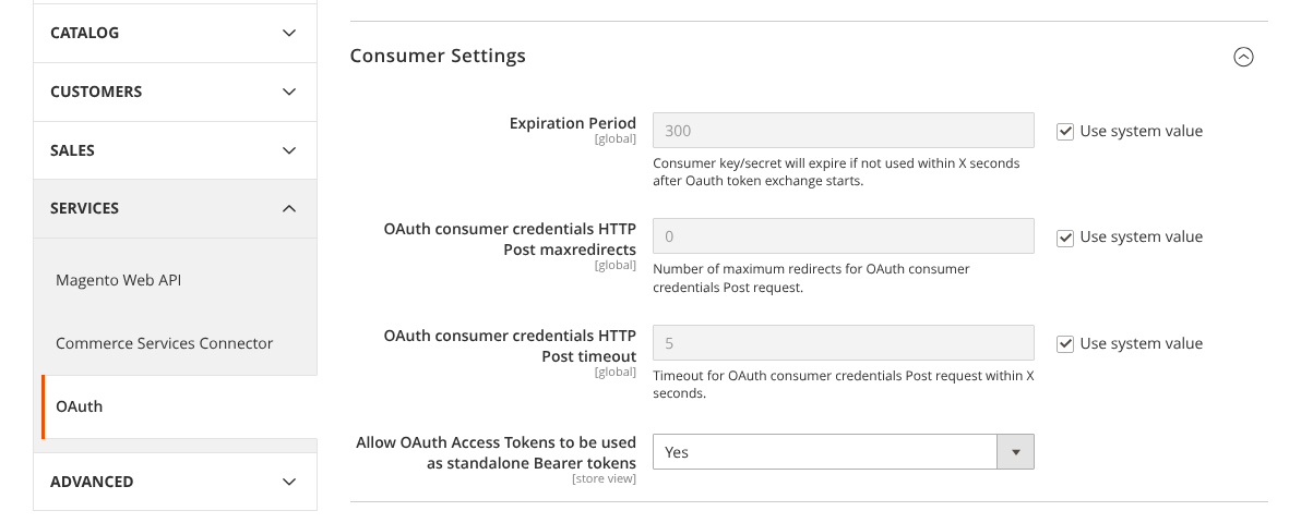 Magento admin, Stores, Configuration, Services, OAuth: Consumer Settings with Allow OAuth Access Tokens to be used as standalone Bearer tokens set to Yes.