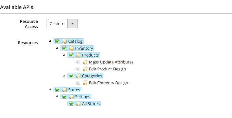 The integration's API tab: Resource Access Custom, with Catalog, Inventory, Products, Categories, Stores, Settings and All Stores ticked.