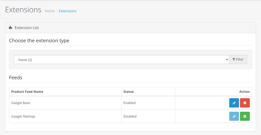 OpenCart admin, Extensions with the Feeds type: Google Base is enabled, Google Sitemap is not.