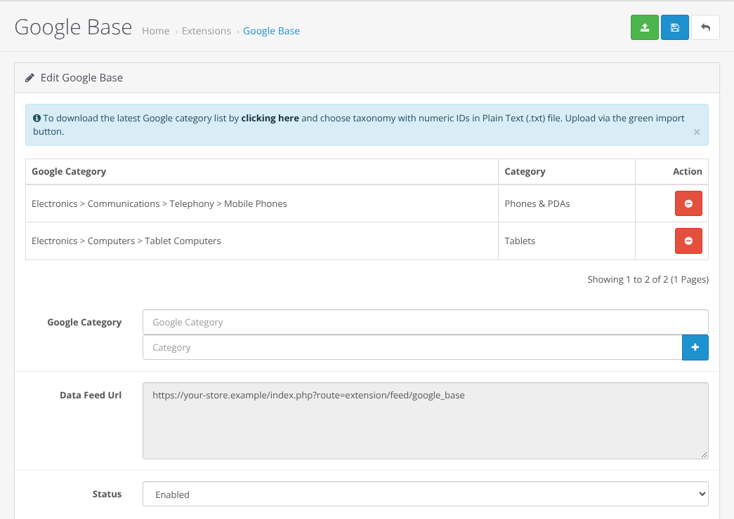 OpenCart Google Base settings: two category pairs, the Data Feed Url and the Status set to Enabled.