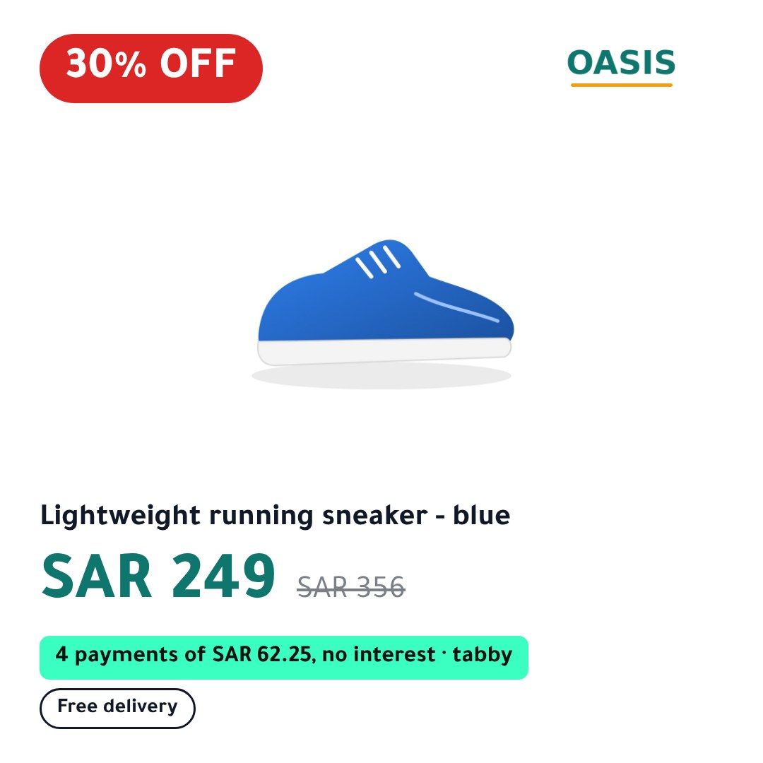 The same sneaker as a catalog ad in Arabic: store logo, 30% off badge, price 249 SAR with the old price 356 SAR crossed out, a tabby line of 4 payments of 62.25 SAR and a free delivery chip